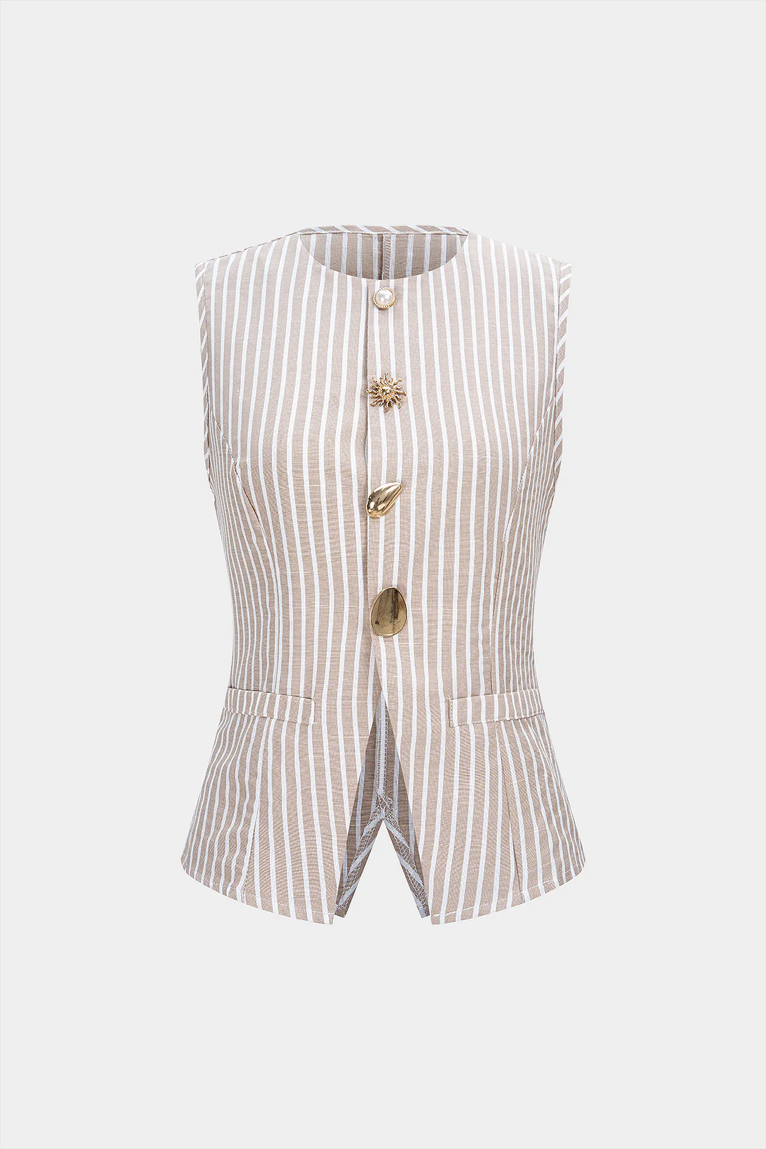 Striped Round Neck Metallic Button Tank Top - Flockneti
