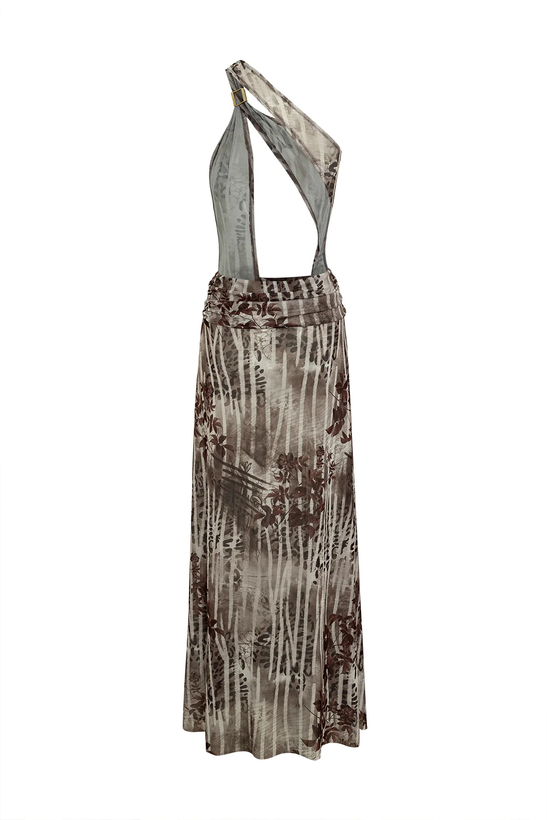 Leaf Print Backless Asymmetrical Slit Sleeveless Maxi Dress - Flockneti