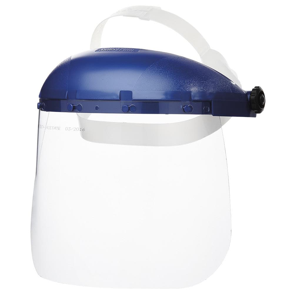 Sellstrom Single Crown Safety Face Shield with Pin-Lock Headgear Polycarbonate Window Clear Tint Uncoated Blue Crown - Flockneti