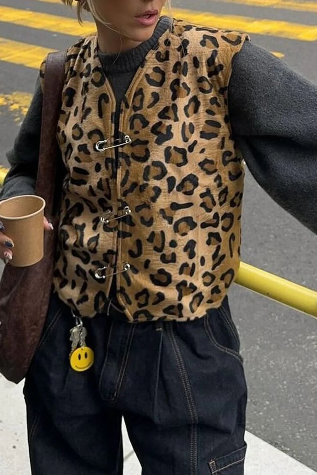 Woolen Leopard Print Hollow Out Vest - Flockneti