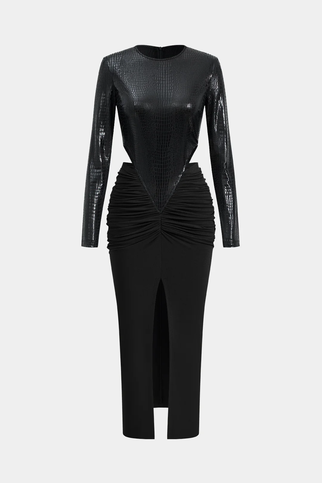 Faux Leather  Patchwork Long Sleeve Maxi Dress - Flockneti