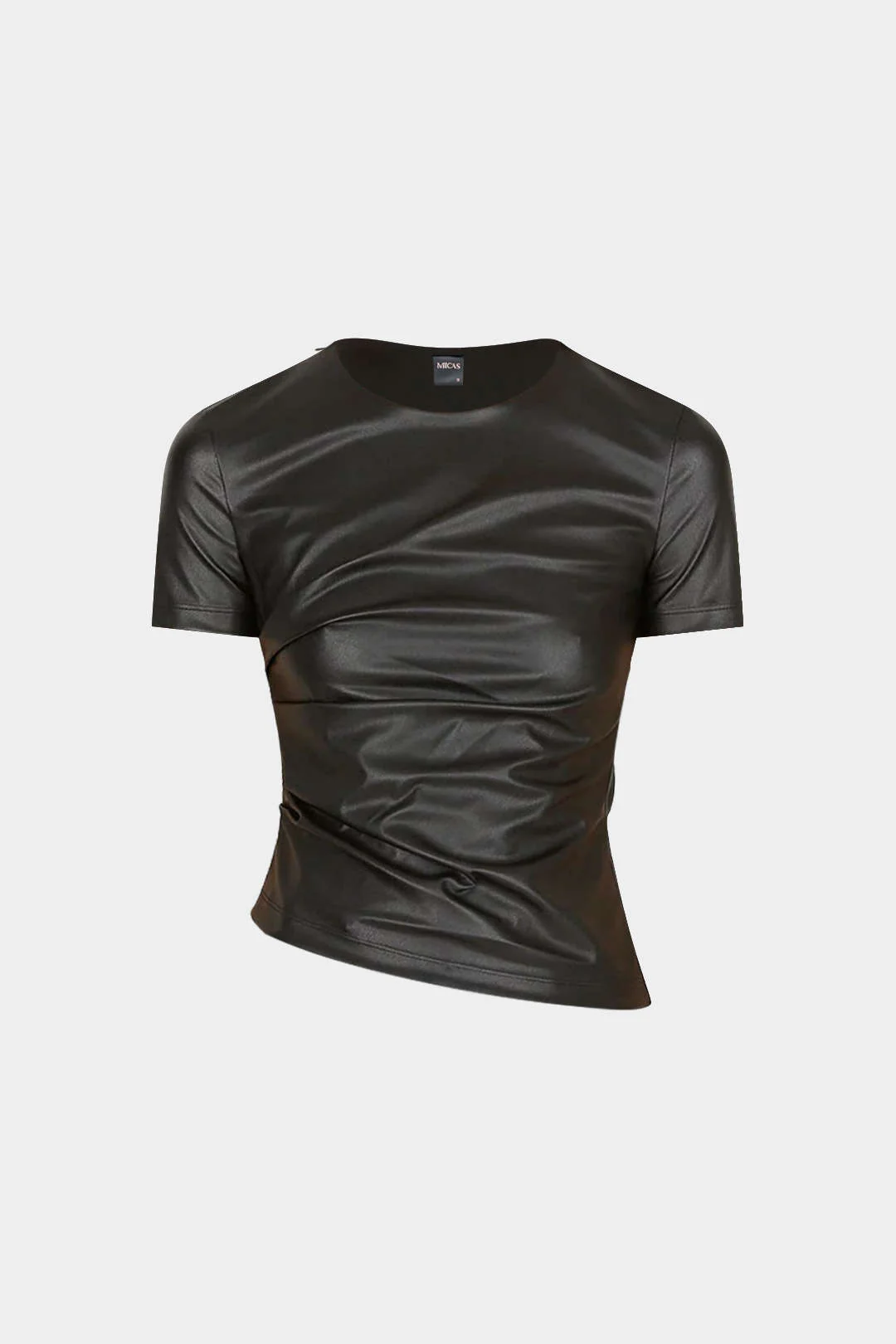 Faux Leather Round Neck Ruched Short-Sleeve Top - Flockneti