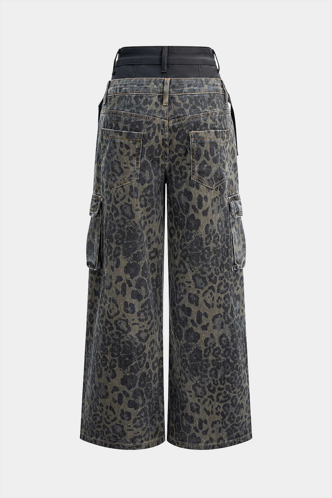 Denim Leopard Print Faux Leather Double Waistband Jeans - Flockneti