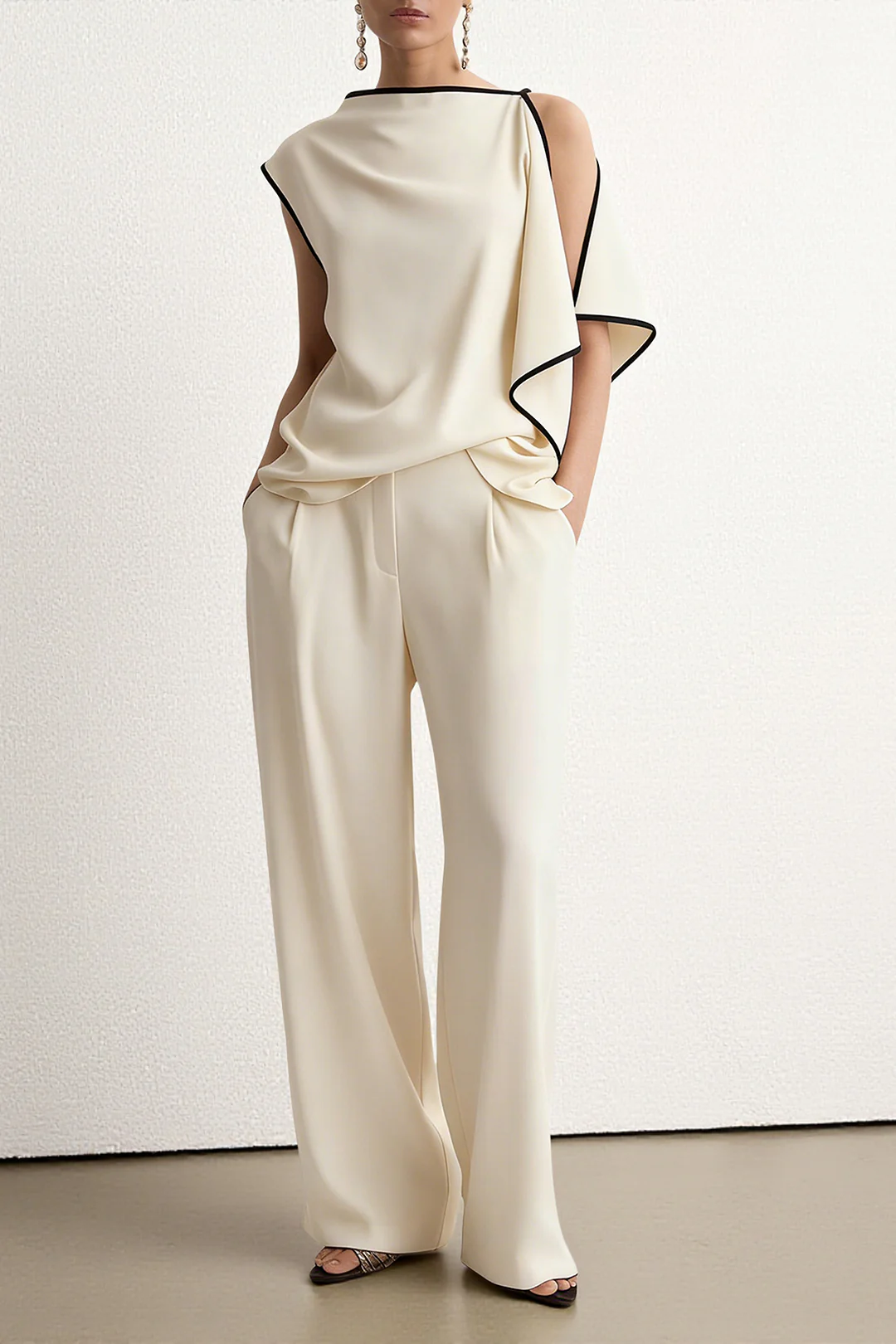 Contrast Binding Asymmetrical Tank Top And Straight Leg Pants - Flockneti