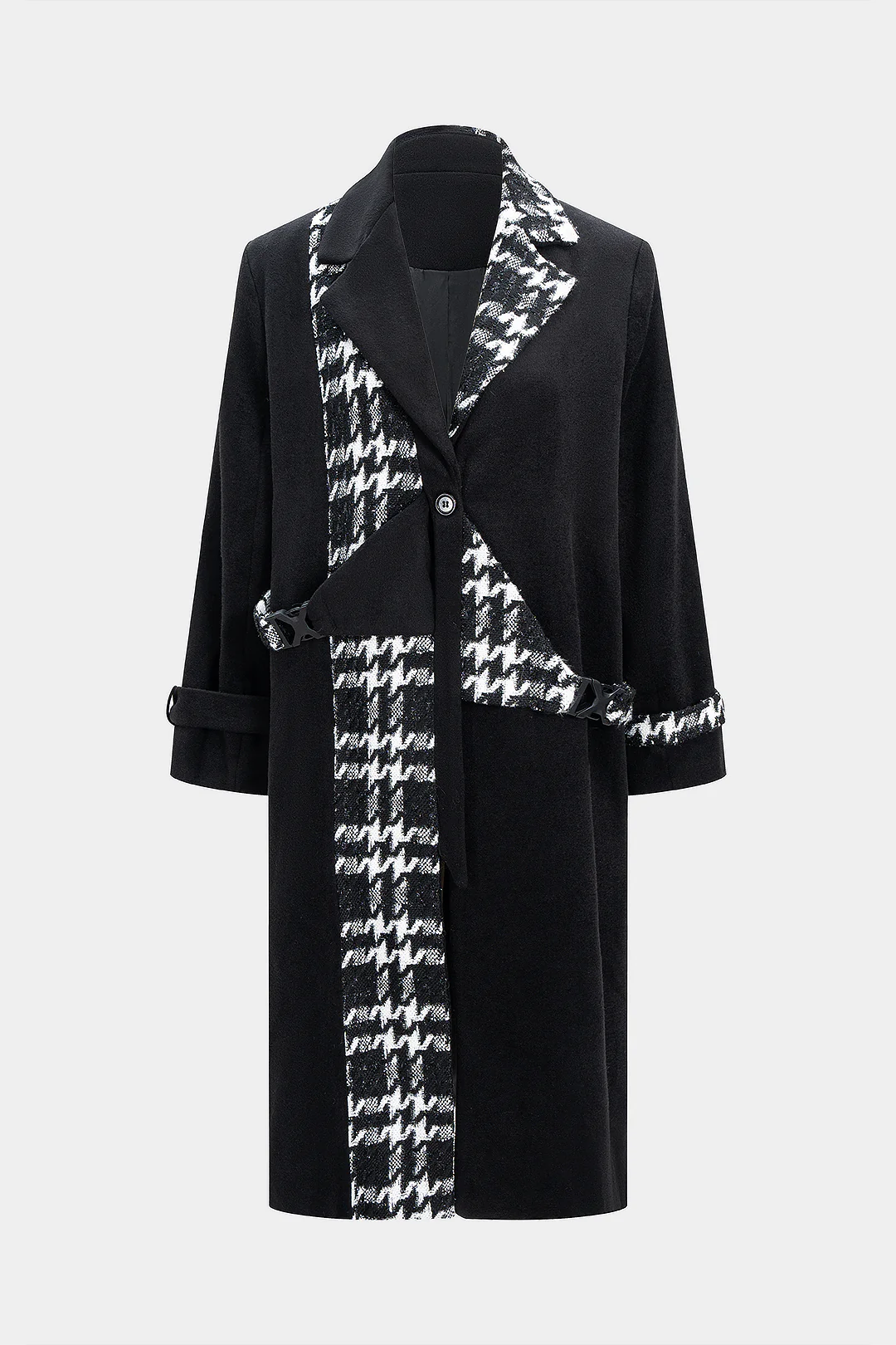 Woolen Jacquard Patchwork Contrast Asymmetrical Notched Lapel Coat - Flockneti