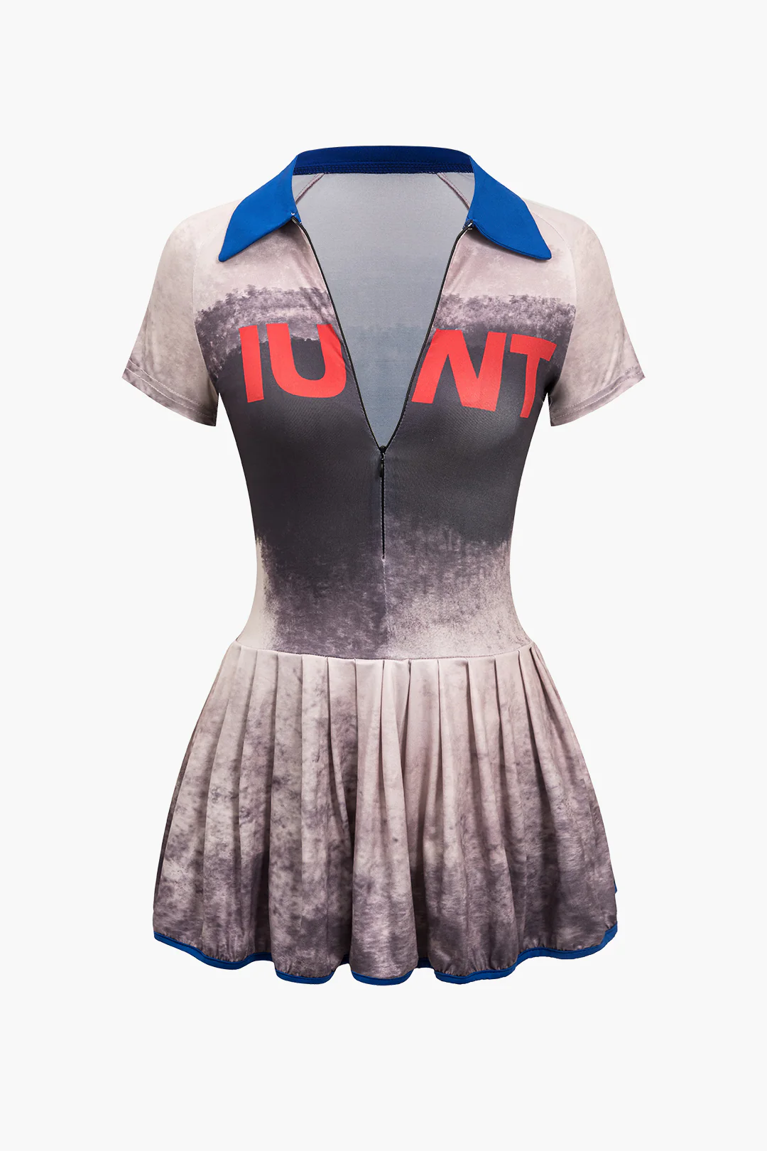 Letter Print Contrast Zipper Pleated Mini Dress - Flockneti