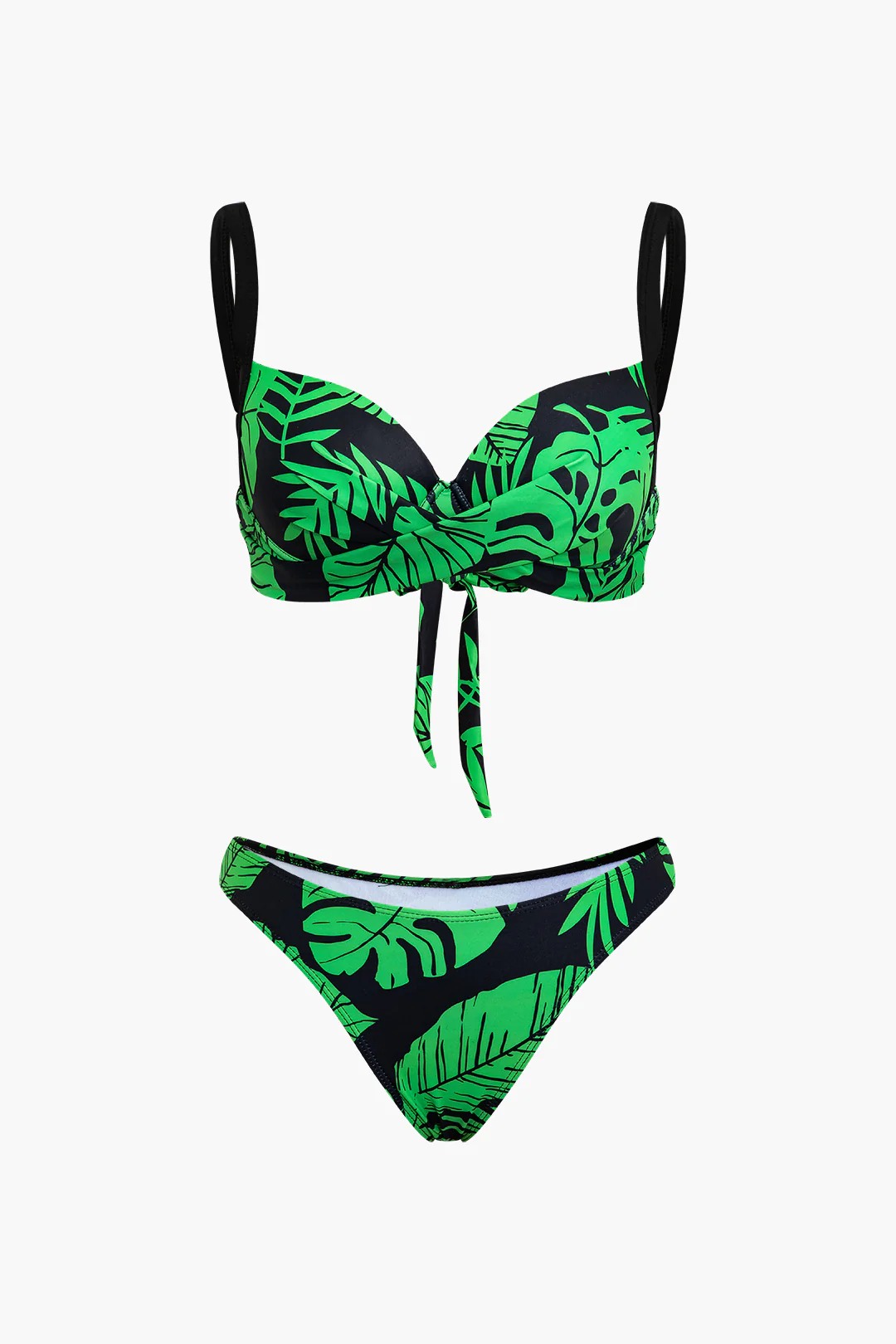 3PC Palm Leaf Print Tie Up Fringe Bikini Set - Flockneti