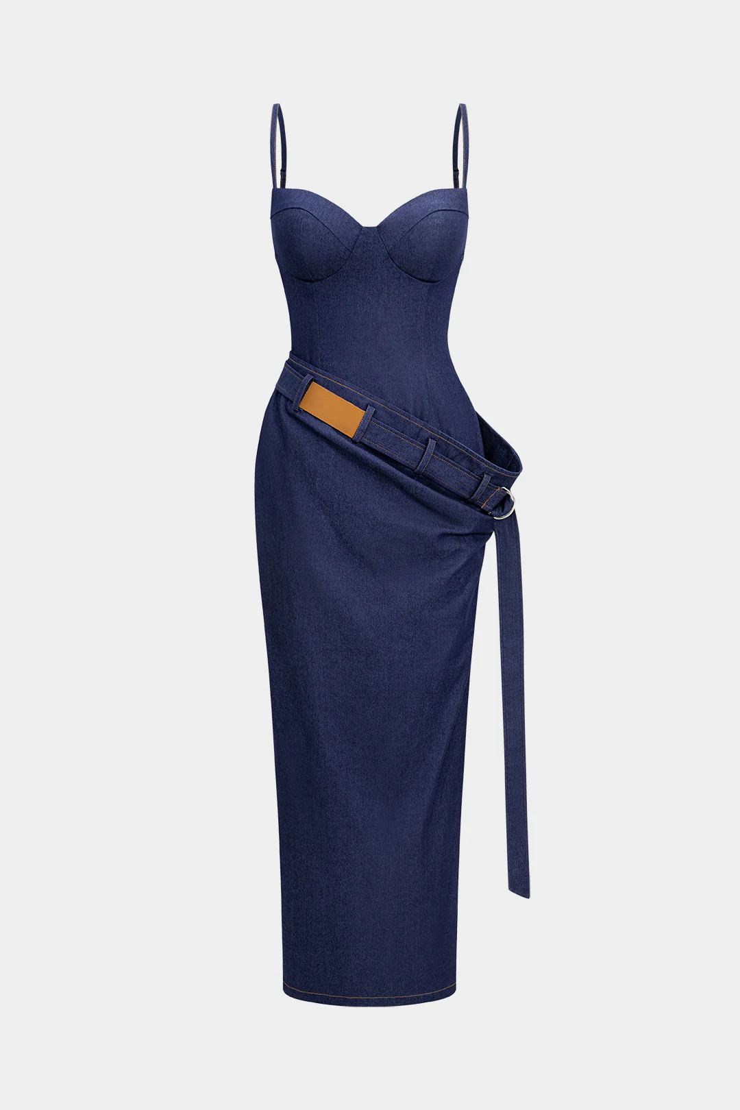 Denim Asymmetrical Ruched Bustier Belted Zipper Maxi Dress - Flockneti