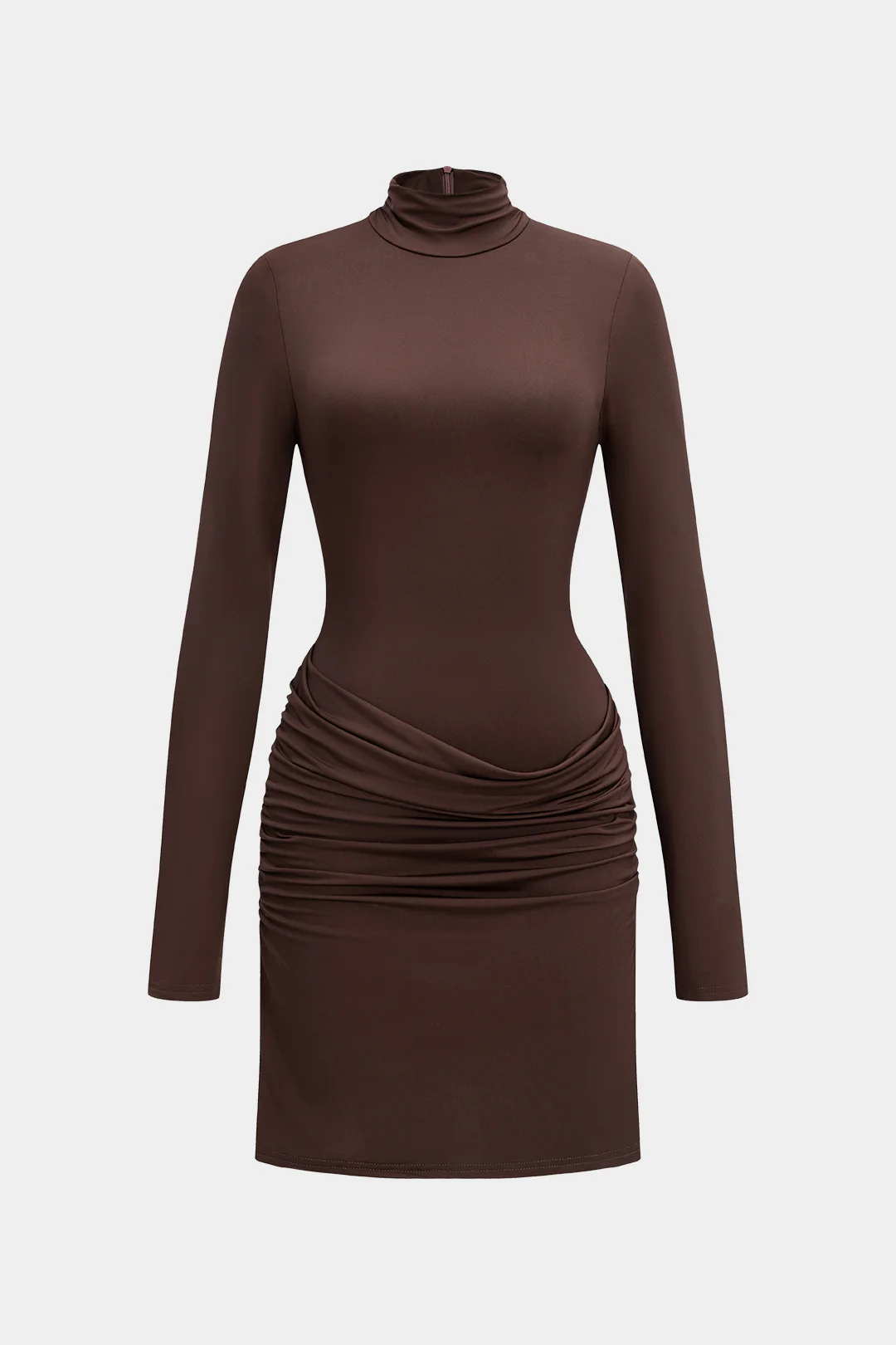 Mock Neck Ruched Zipper Long Sleeve Mini Dress - Flockneti