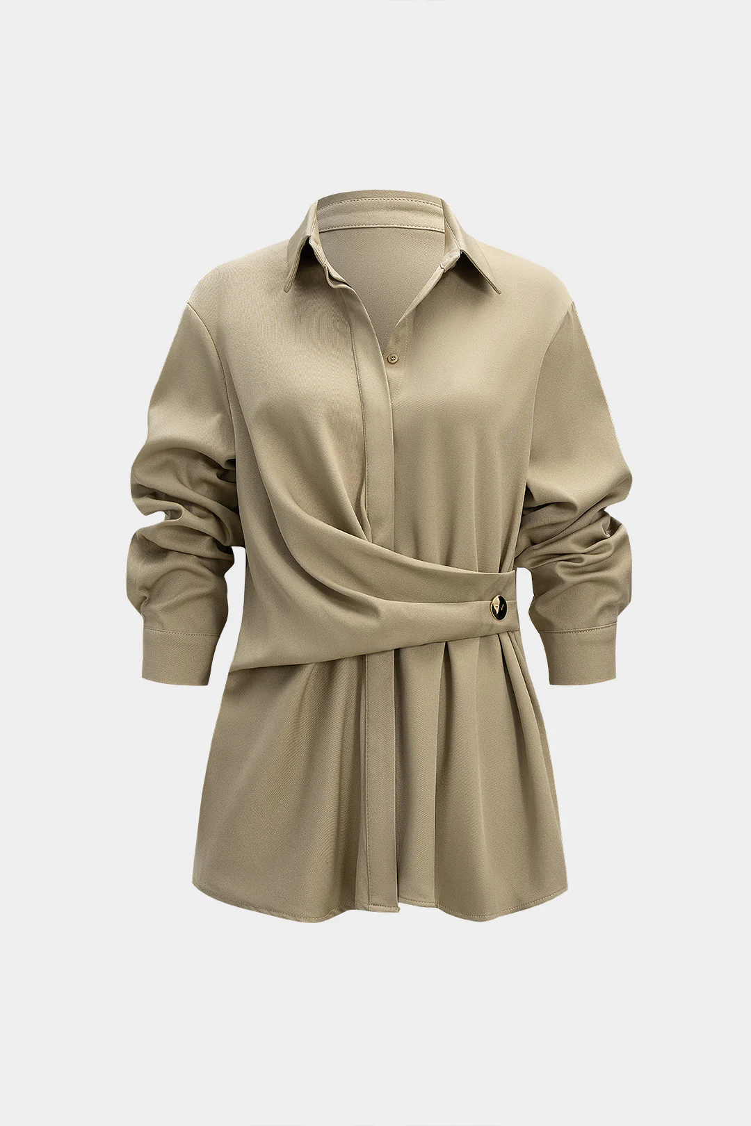 Polo Collar Asymmetrical Ruched Long-Sleeve Top - Flockneti