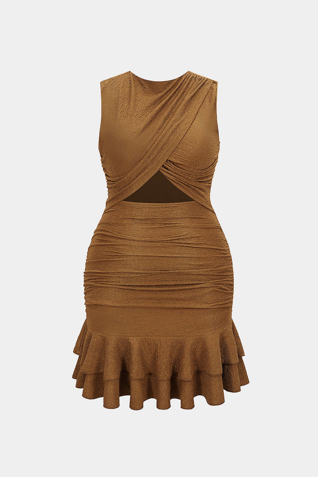 Plus Size Round Neck Cut Out Ruched Sleeveless Mini Dress - Flockneti