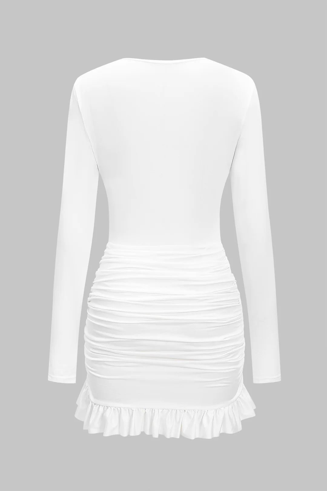 V-Neck Ruched Twist Knot Scallop Edge Long Sleeve Mini Dress - Flockneti