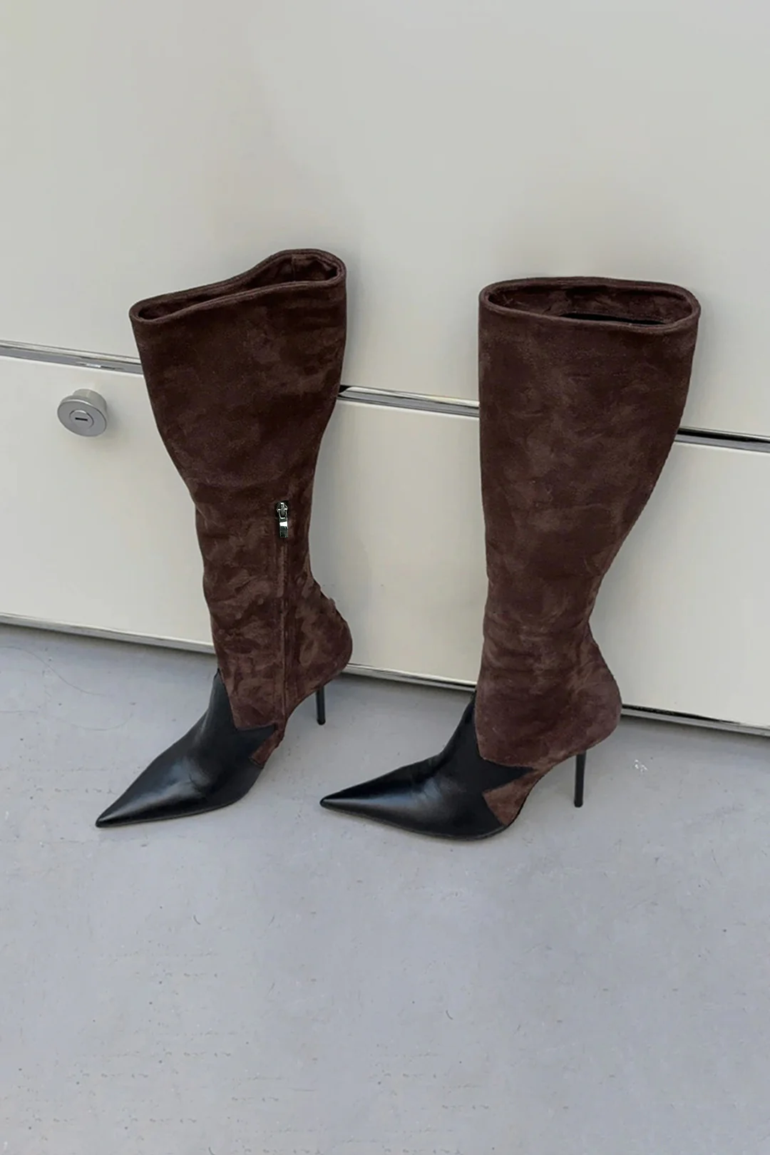 Leather Patchwork Side Zipper Pointed High Heel Over The Knee Boots - Flockneti
