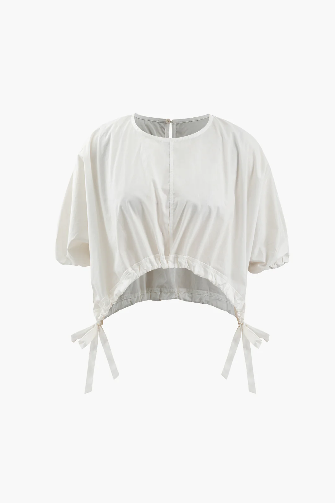 Solid Bow Drawstring Round Neck Short Sleeve T-Shirt - Flockneti
