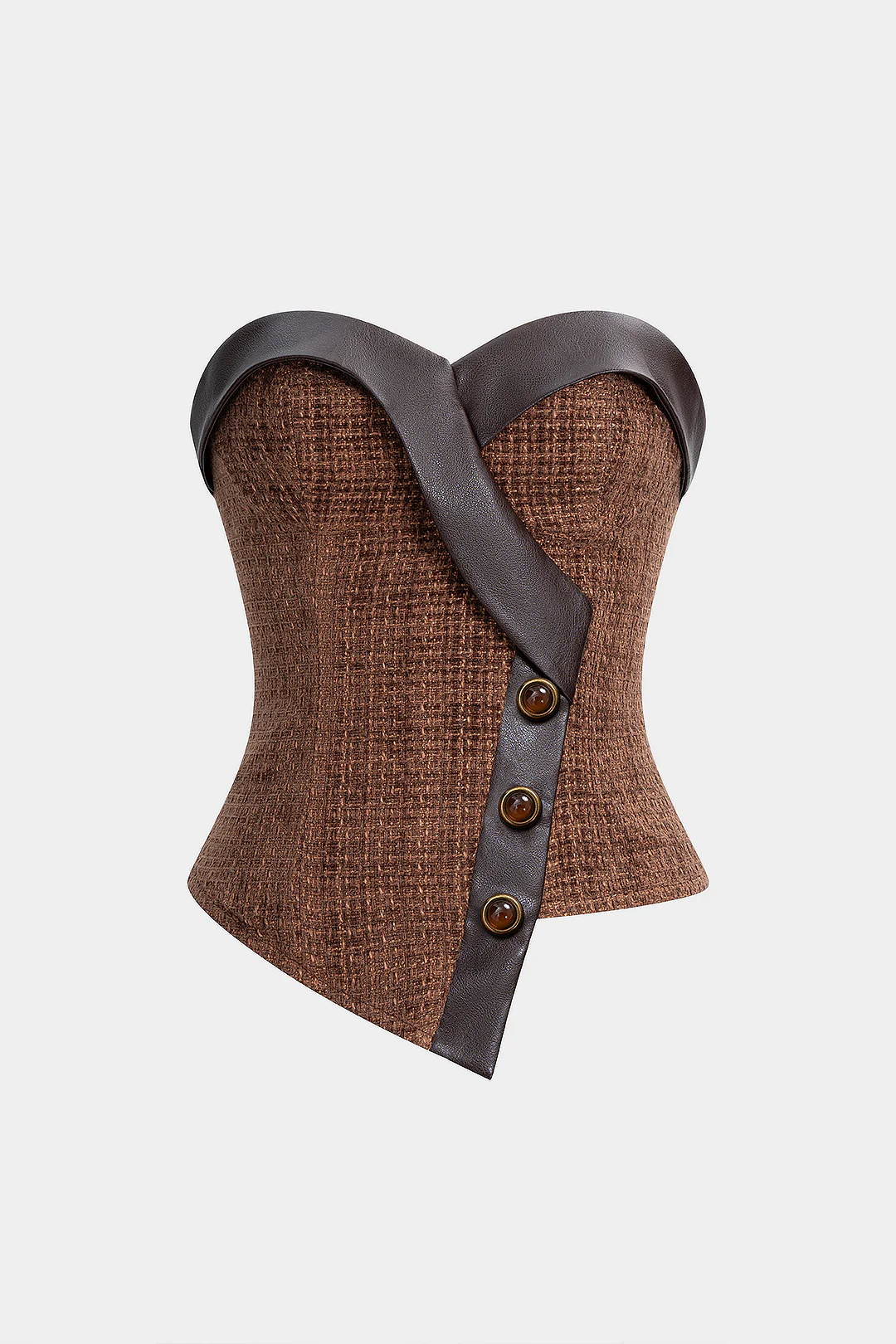 Faux Leather Patchwork  Asymmetrical Button Zipper Tube Top - Flockneti