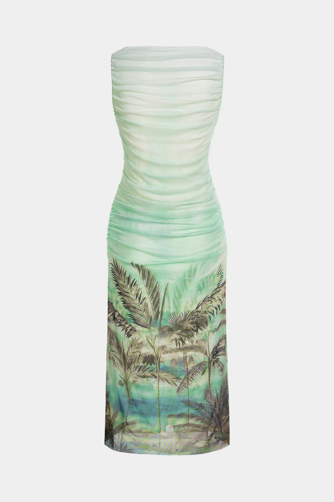 Coconut Palm Ombre Print Mesh Patchwork Ruched Sleeveless Midi Dress - Flockneti