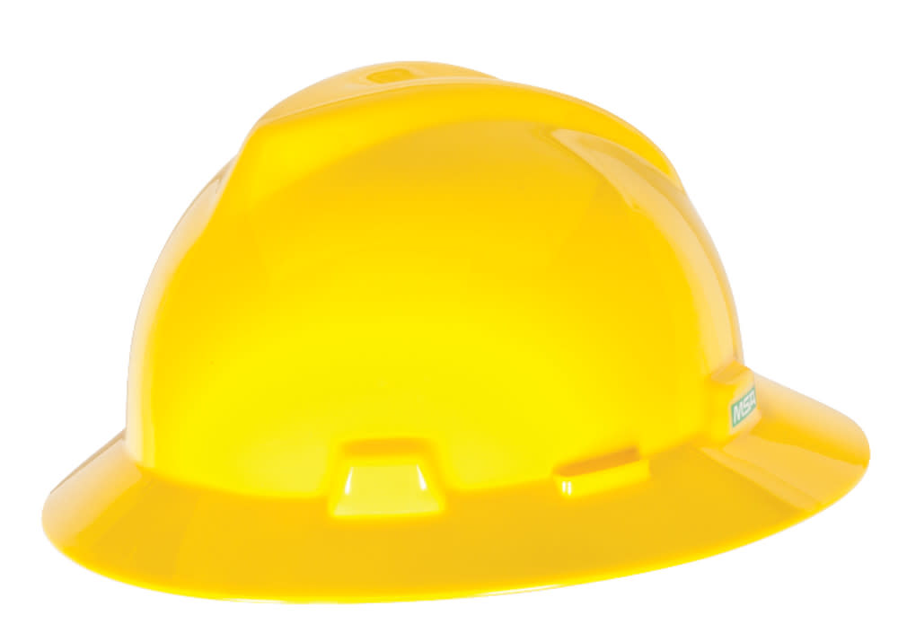 MSA Safety Works V Gard Slotted Full Brim Hard Hat Yellow with Staz On Suspension - Flockneti