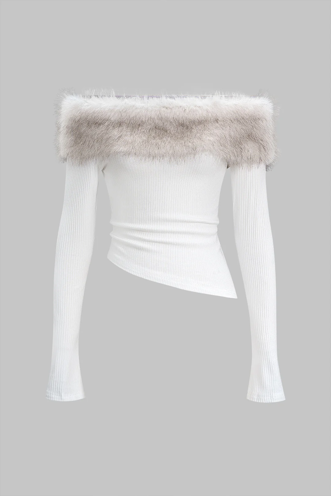 Faux Fur Patchwork Off-Shoulder Long-Sleeve Top - Flockneti