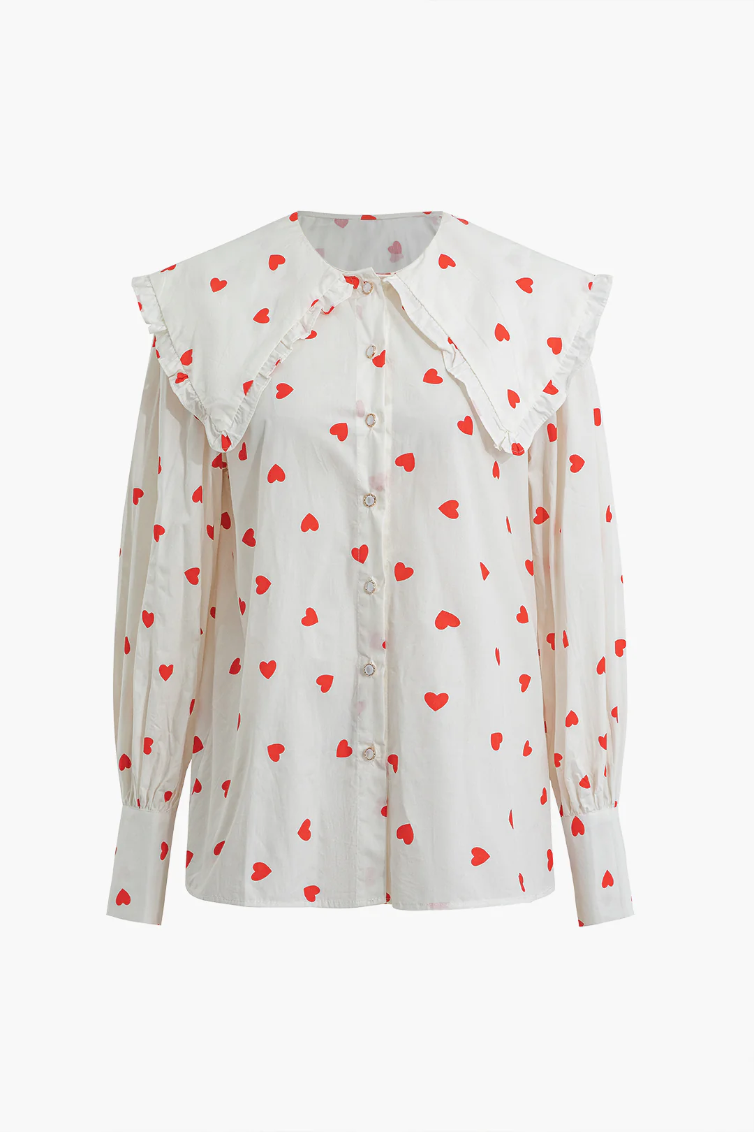 Heart Print Button Ruched Long-Sleeve Shirt - Flockneti