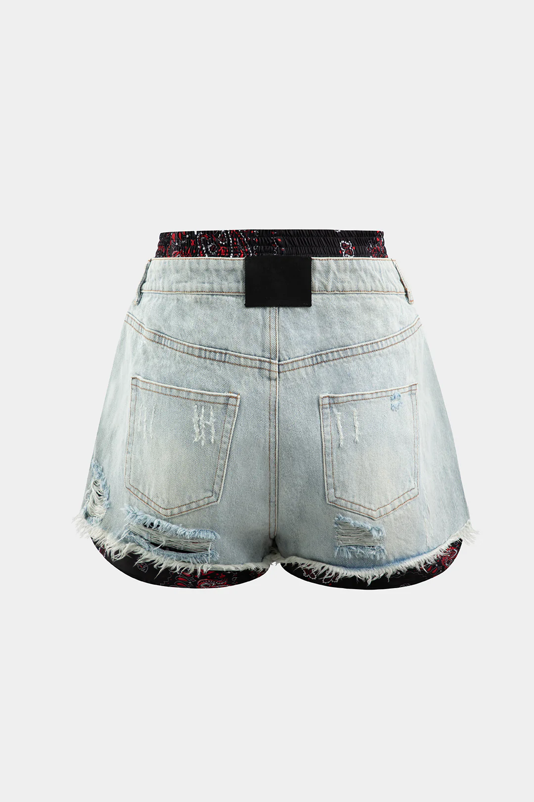 Denim Ripped Double Waistband Patchwork Shorts - Flockneti