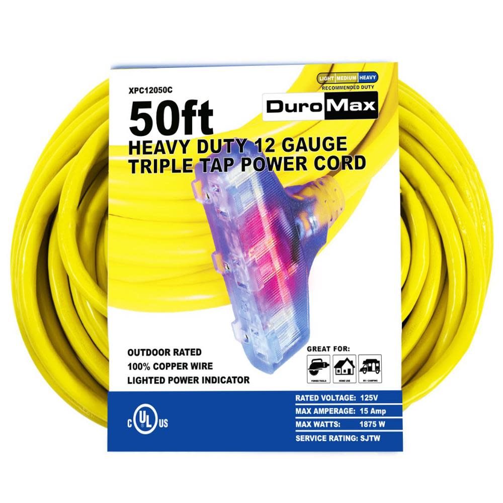 Duromax SJTW Lit Extension Power Cord 50′ 12ga Triple Tap 100% Copper - Flockneti