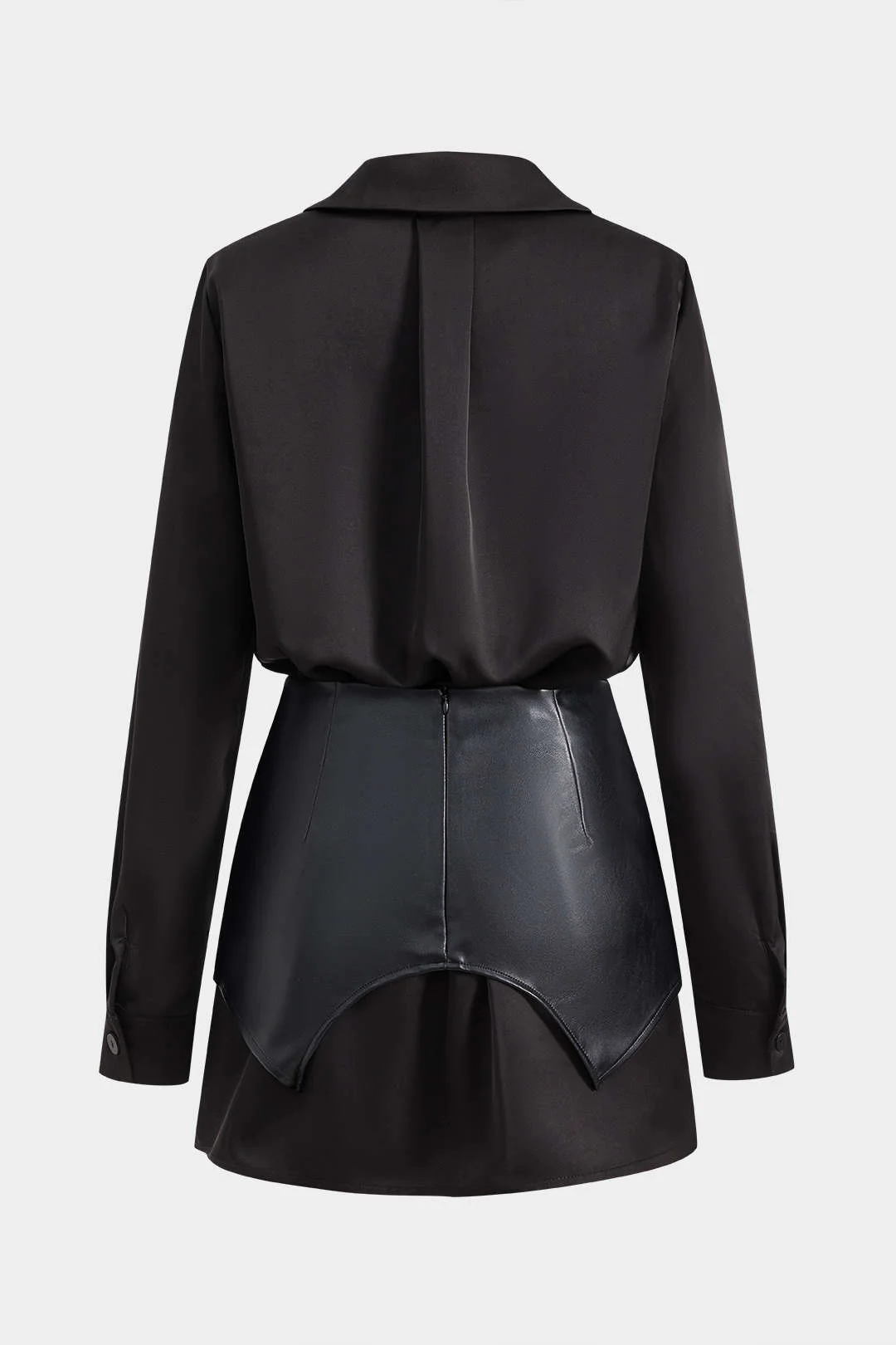 Satin Faux Leather Pocket Button Zipper Long Sleeve Mini Dress - Flockneti