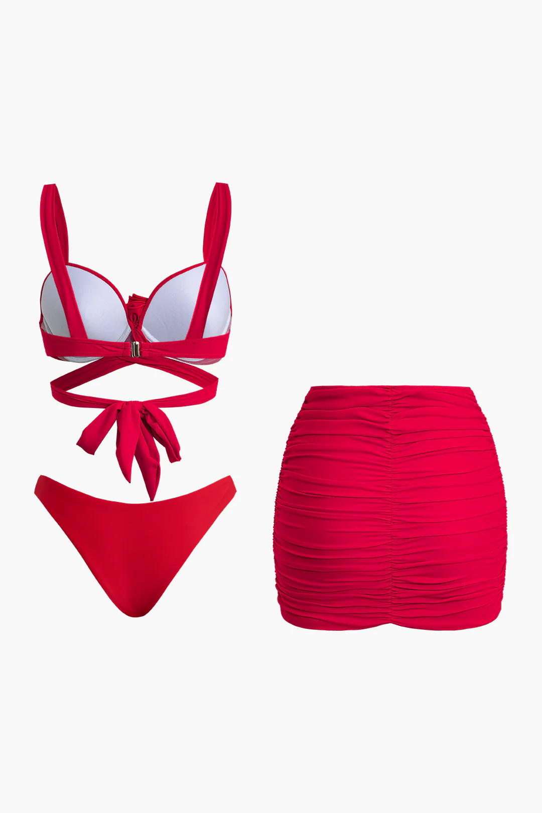 3D Flower Decor Tie Up Ruched Bikini Set - Flockneti