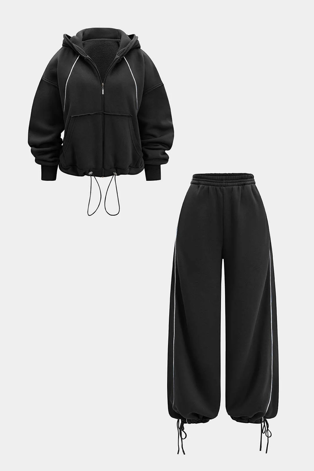 Drawstring Zipper Hoodie And Straight Leg Tie-Up Trousers Set - Flockneti
