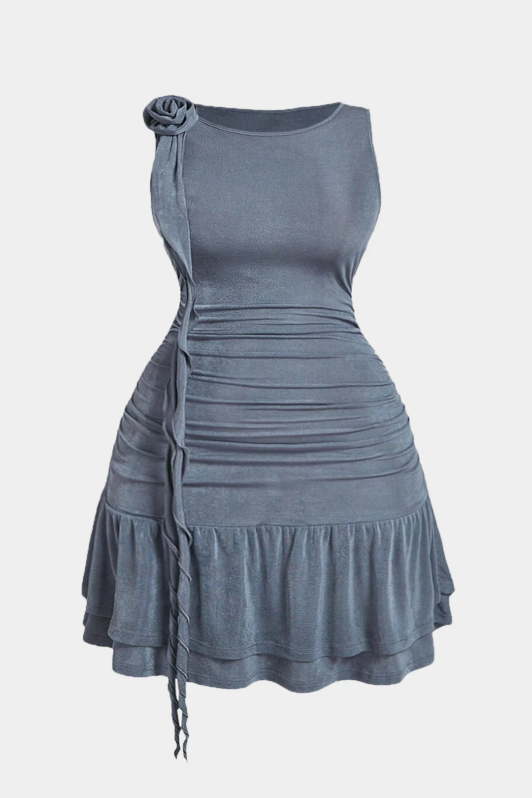 Plus Size Ruffle Ruched 3D Floral Sleeveless Mini Dress - Flockneti