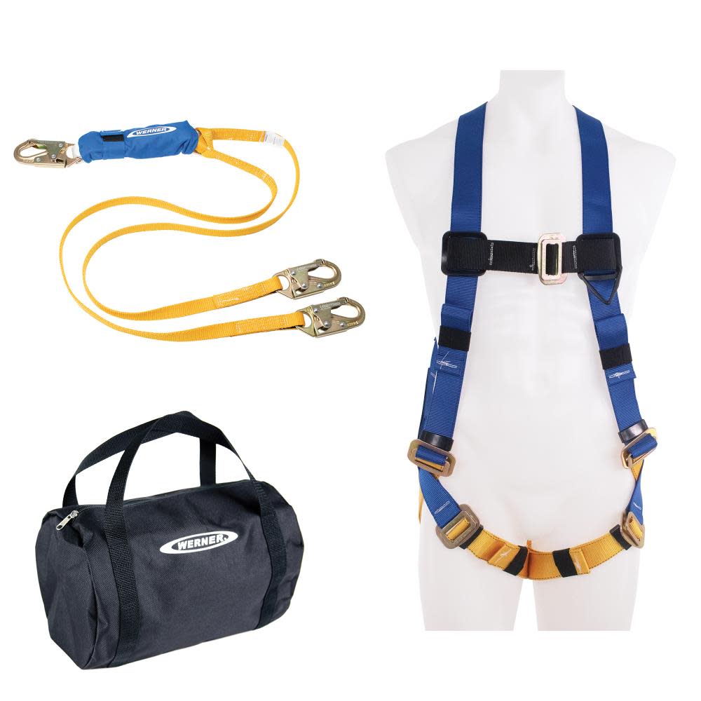 Werner Aerial Kit with BaseWear Std Harness 6ft DeCoil Dual Leg Lanyard - Flockneti