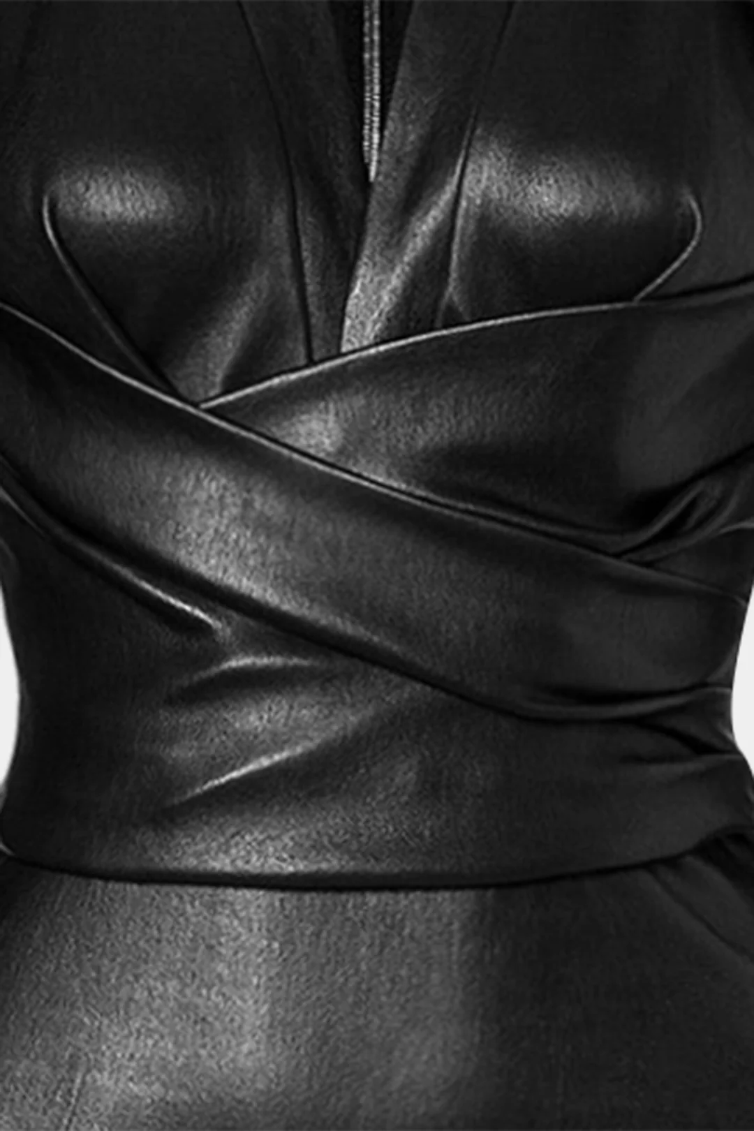 Faux Leather Crossed Ruched Long Sleeve Mini Dress - Flockneti