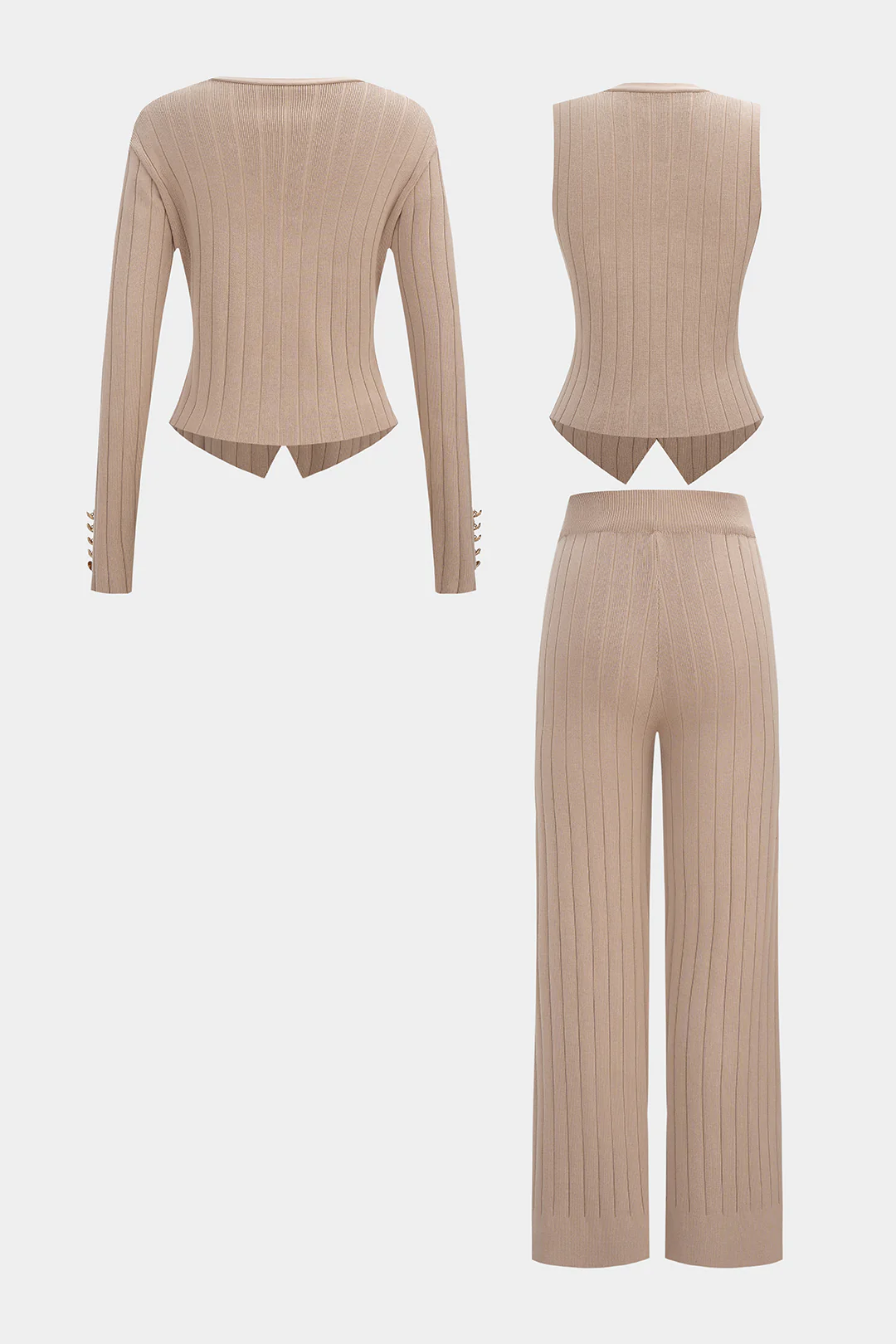Knit V-Neck Metallic Button Long Sleeve Top And Vest And Wide Leg Pants Set - Flockneti