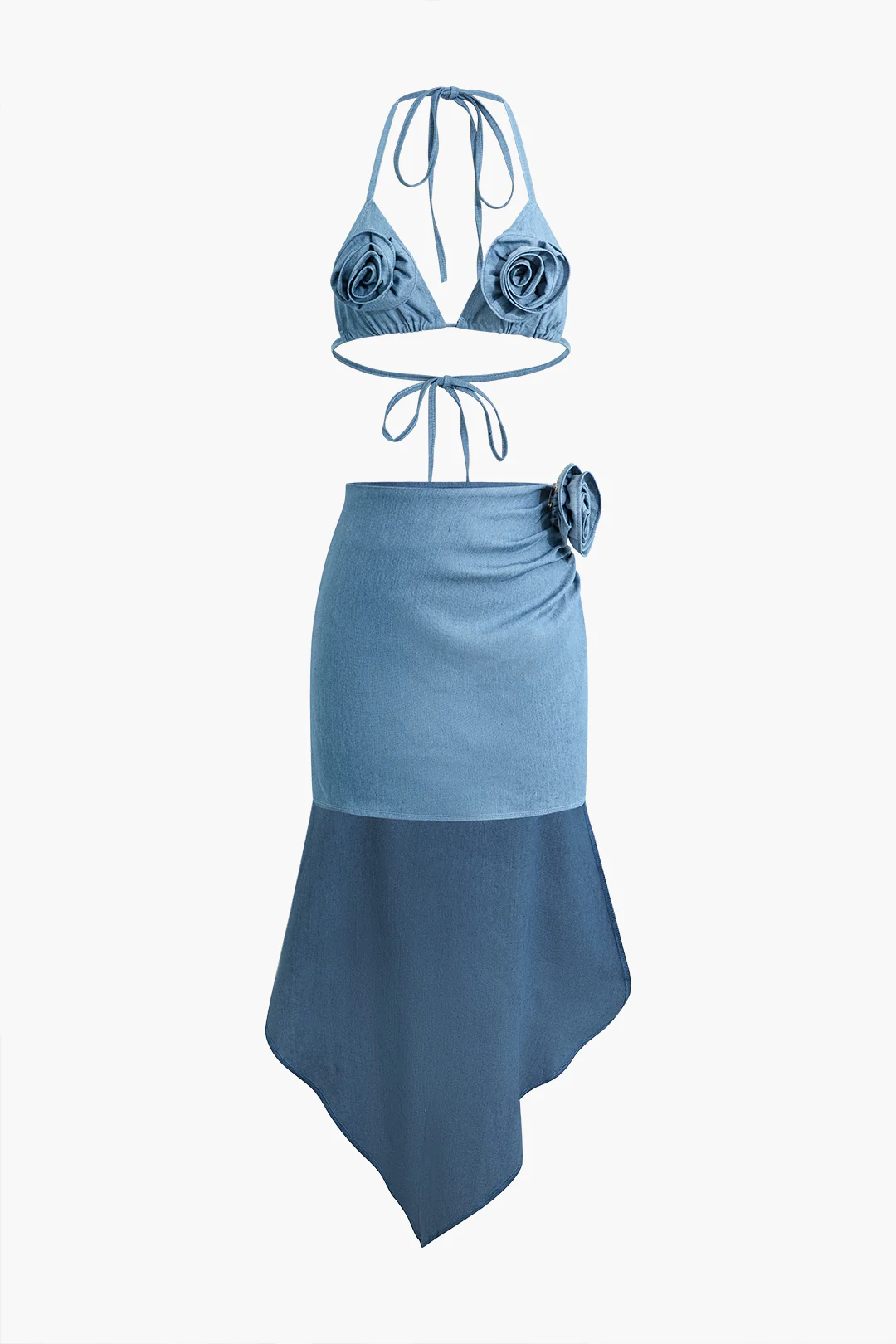 3D Flower Decor Halter Neck Tie-Up Backless Top And Contrast Asymmetrical Skirt Set - Flockneti