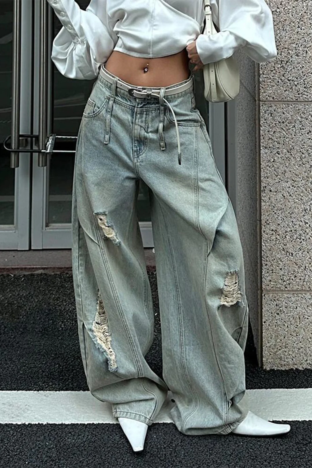 Denim Ripped Ruched Barrel Jeans - Flockneti