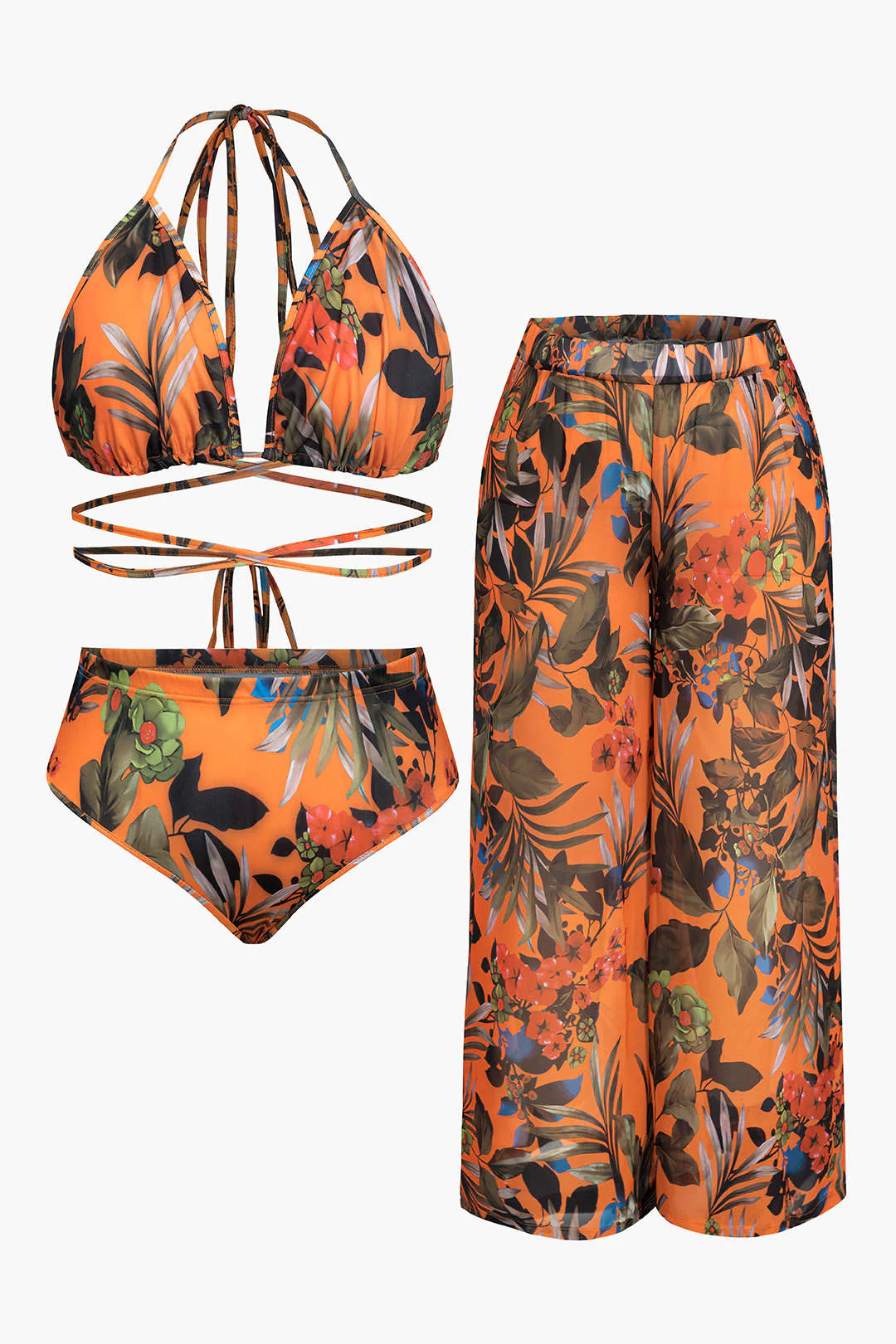 Plus Size Floral Print Bikini And Wide Leg Pants Set - Flockneti