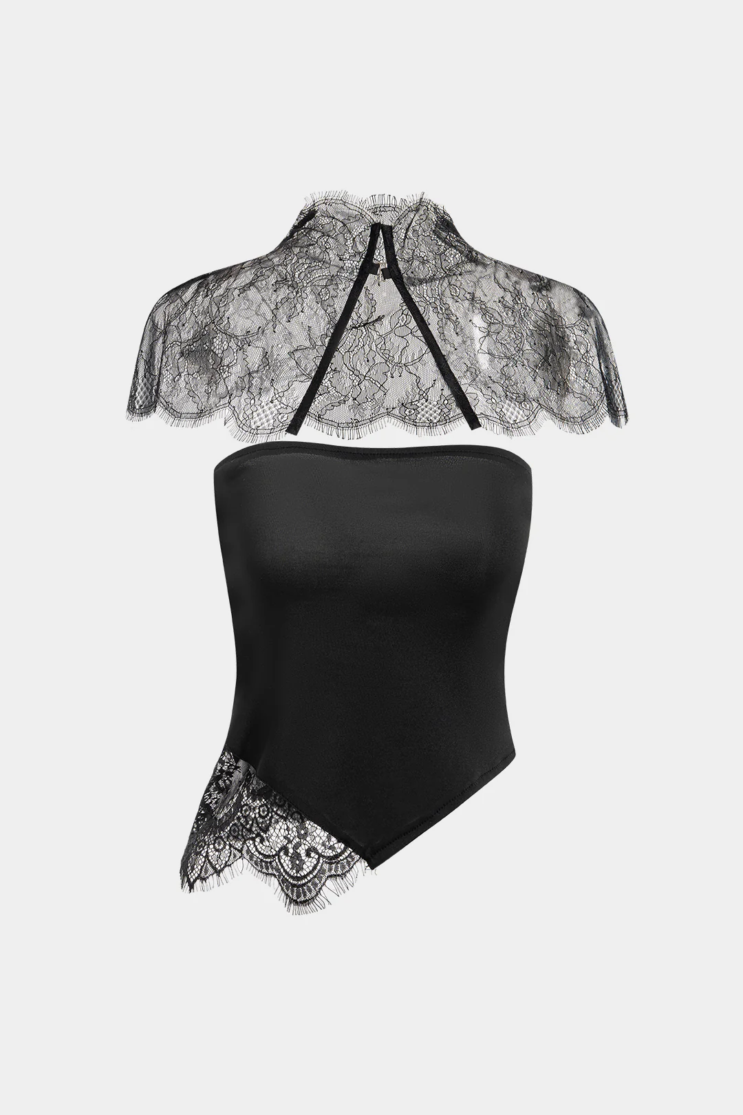 Lace Trim Patchwork Asymmetrical Tube Top With Sheer Shawl - Flockneti