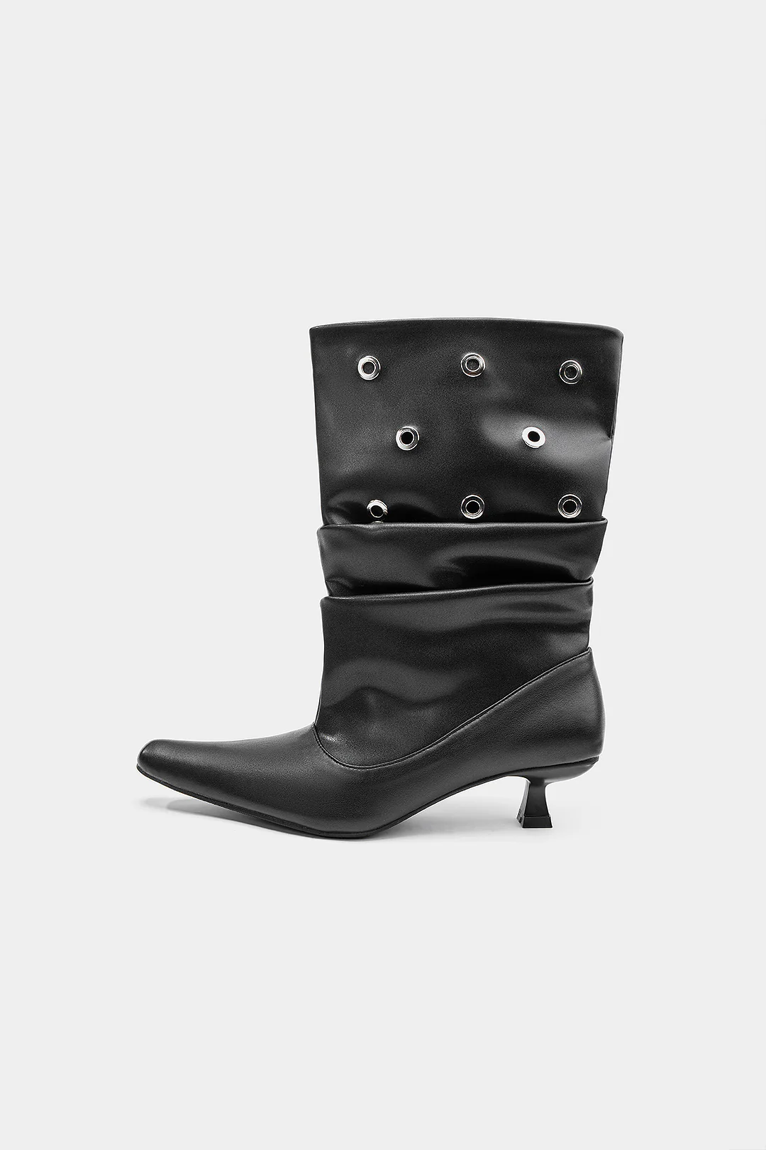 Studded Faux Leather Pointed Mid Calf Boots - Flockneti