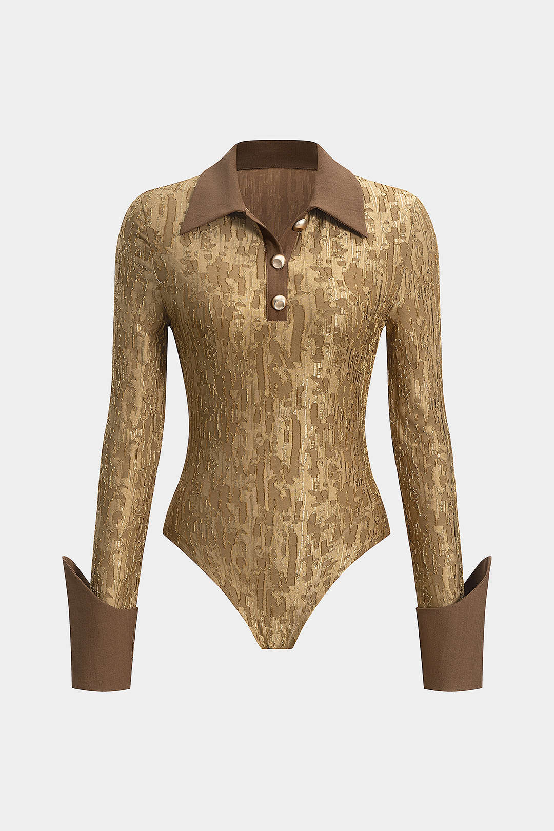 Metallic Button Ripped Patchwork Long Sleeve Bodysuit - Flockneti