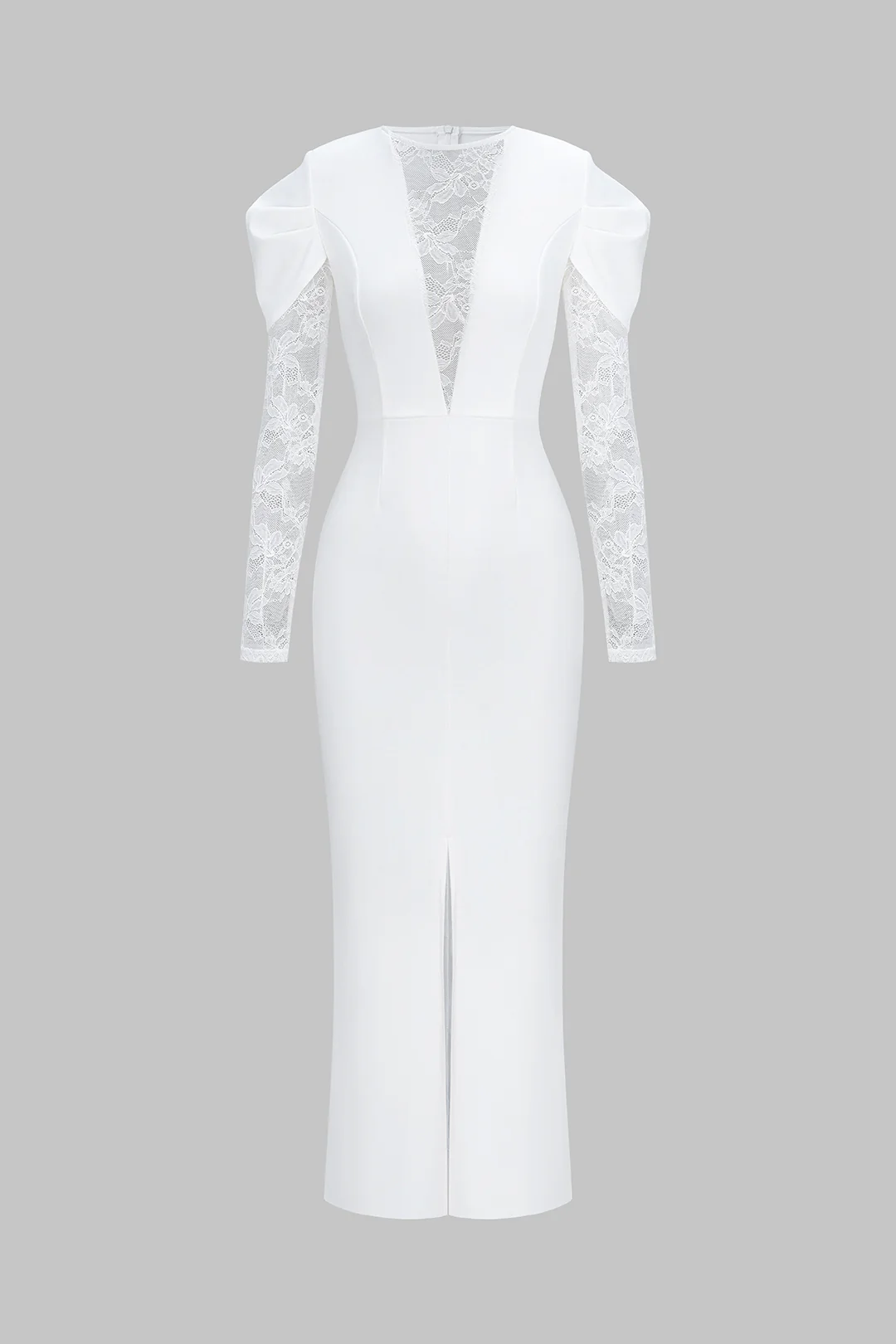 Sheer Lace Patchwork Round Neck Long Sleeve Maxi Dress - Flockneti