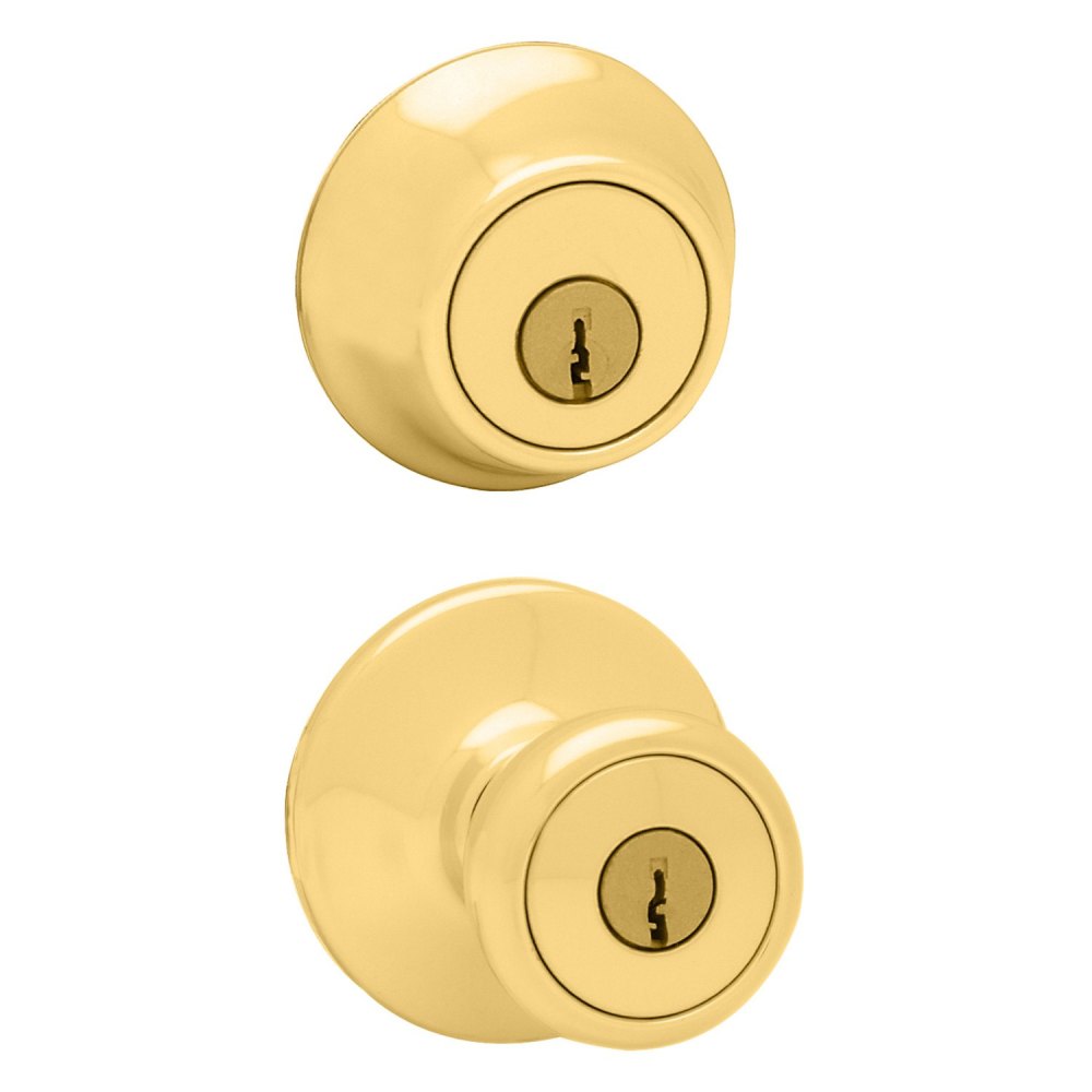 Kwikset Polished Brass Tylo Entry Knob and Double Cylinder Deadbolt Set - Flockneti