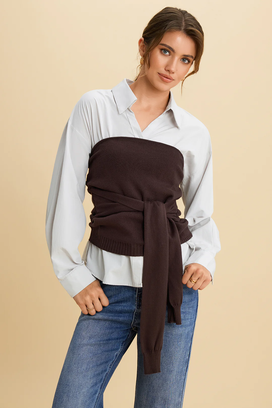 Solid Patchwork Knit Tie-Front Long-Sleeve Shirt - Flockneti