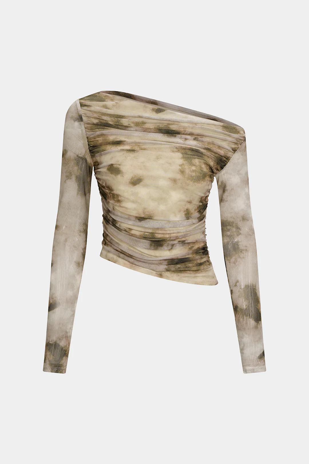 Abstract Print Mesh Off Shoulder Ruched Asymmetrical Long-Sleeve Top - Flockneti