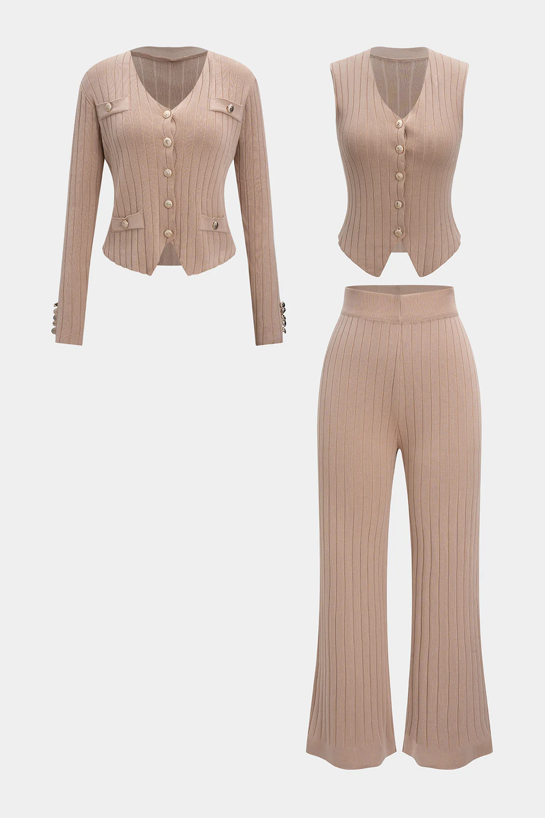 Knit V-Neck Metallic Button Long Sleeve Top And Vest And Wide Leg Pants Set - Flockneti