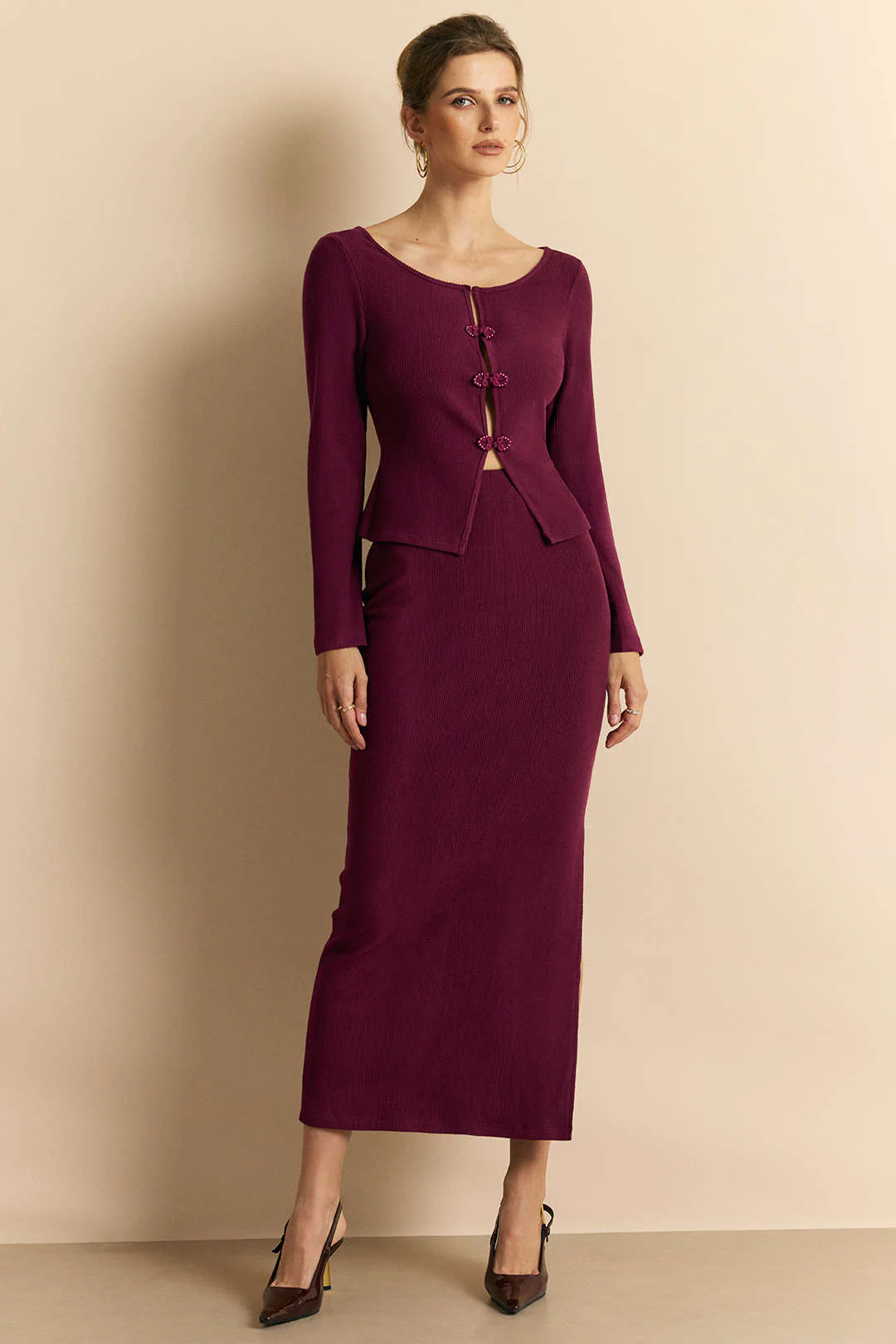 Knit Frog Button Long-Sleeve Top And Skirt Set - Flockneti