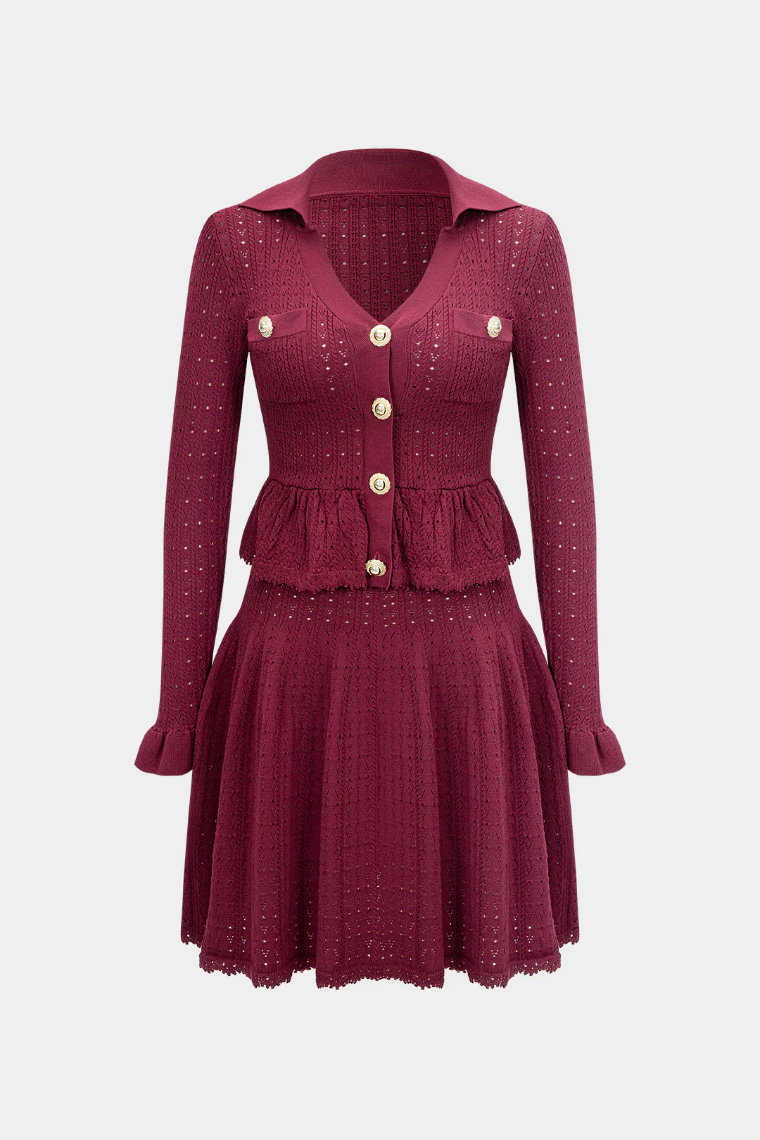 Knit V-Neck Hollow Out Ruffle Long-Sleeve Dress - Flockneti