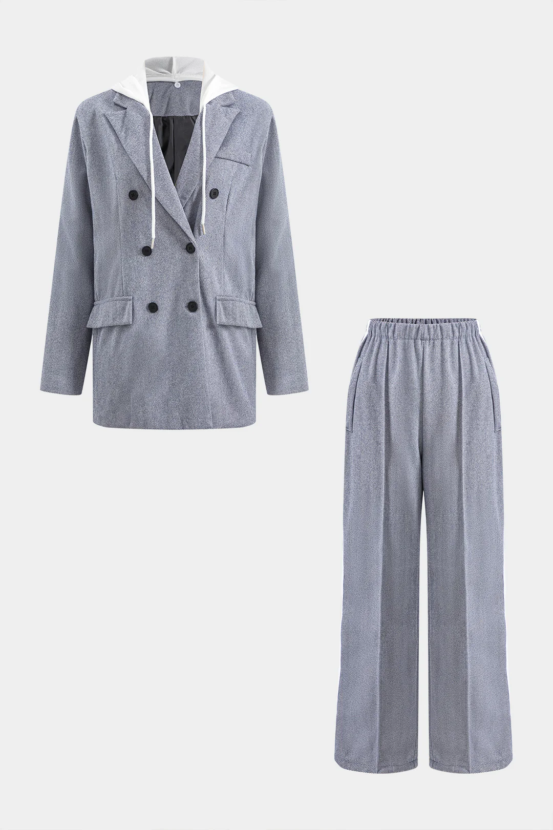 Hooded Double-Breasted Blazer And Shirred Waistband Pants Set - Flockneti