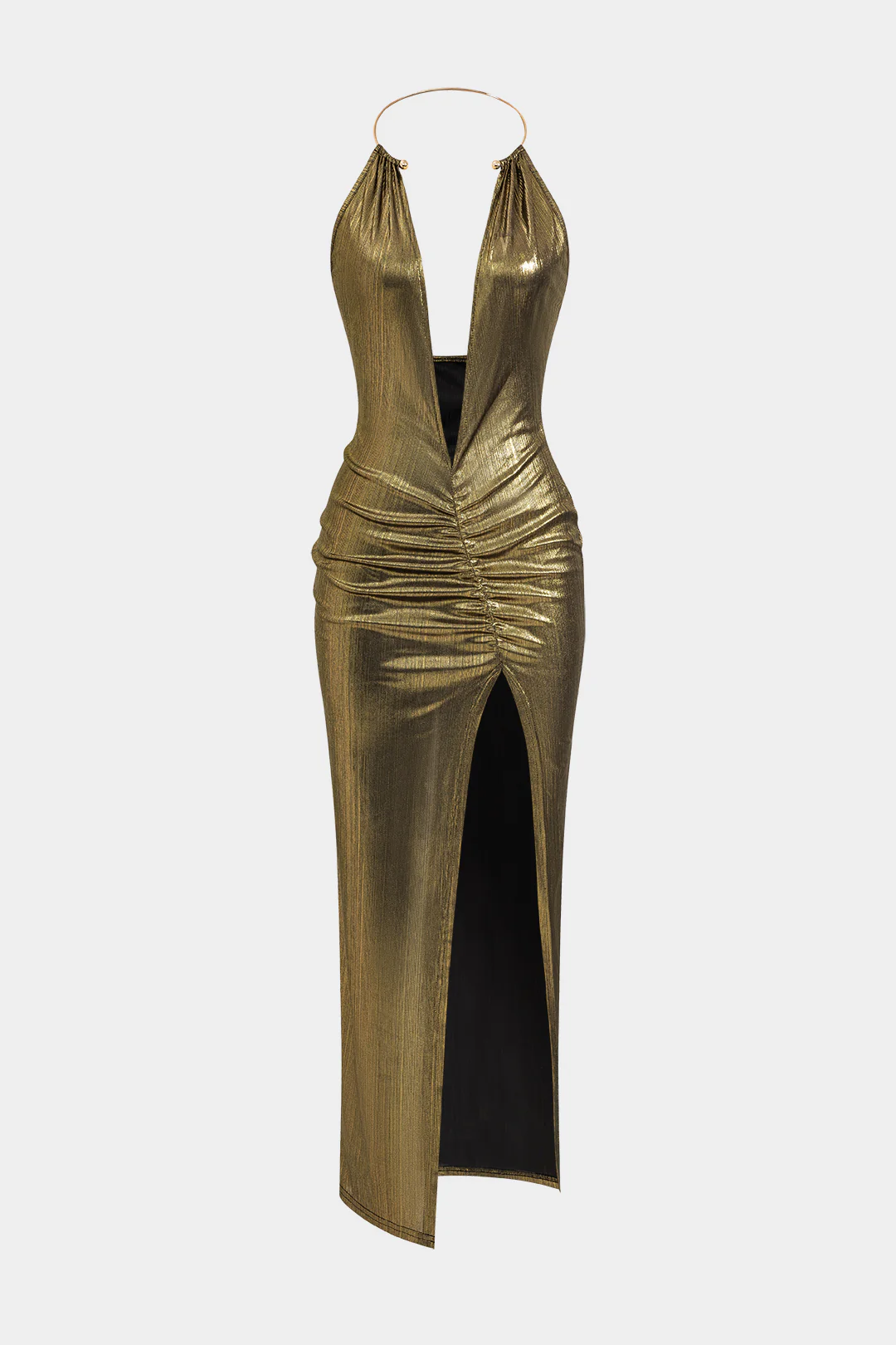 Metallic Ring Ruched Backless Slit Midi Dress - Flockneti