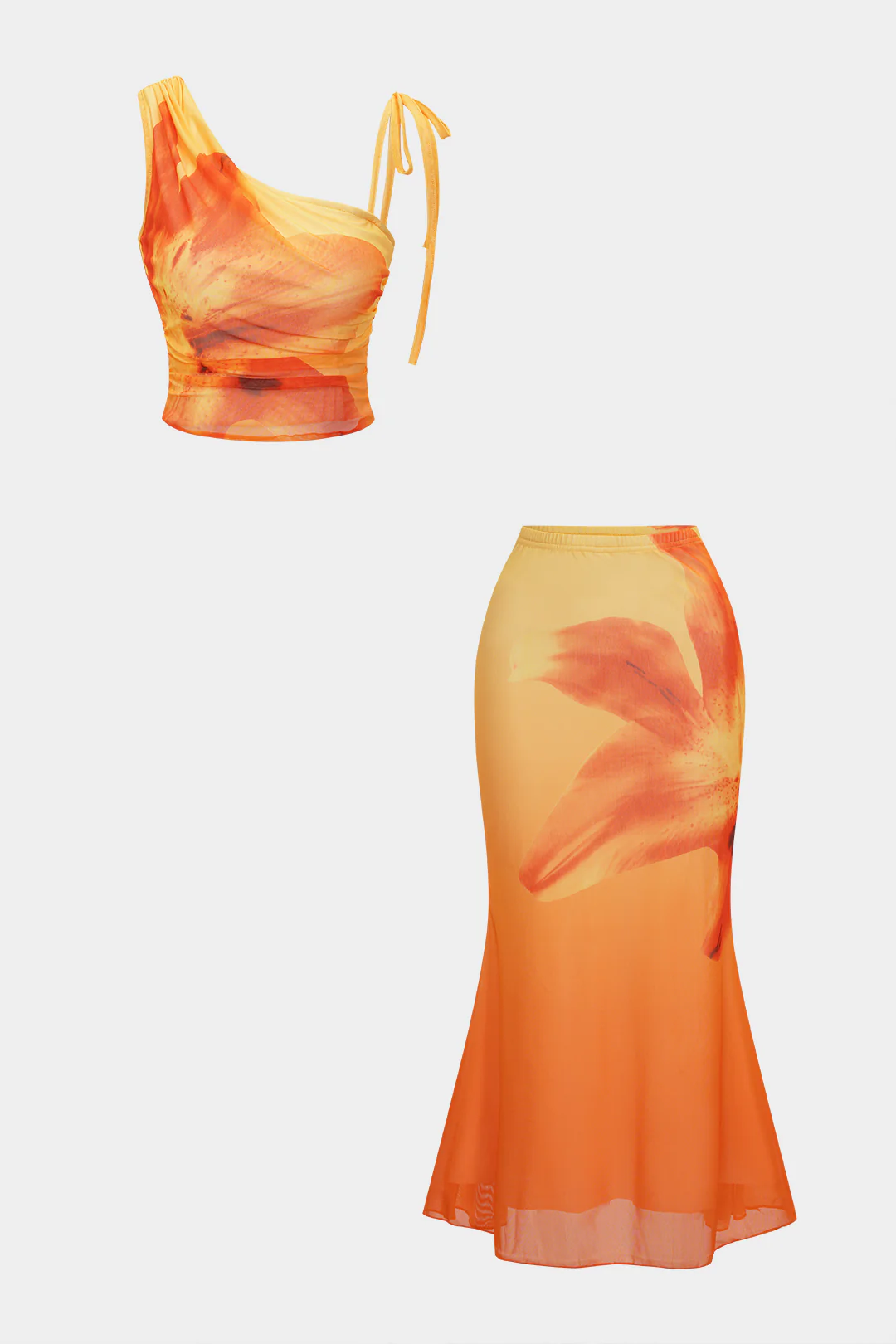 Floral Print Mesh Tie-Up Asymmetrical Cami Top And Ruched Skirt Set - Flockneti