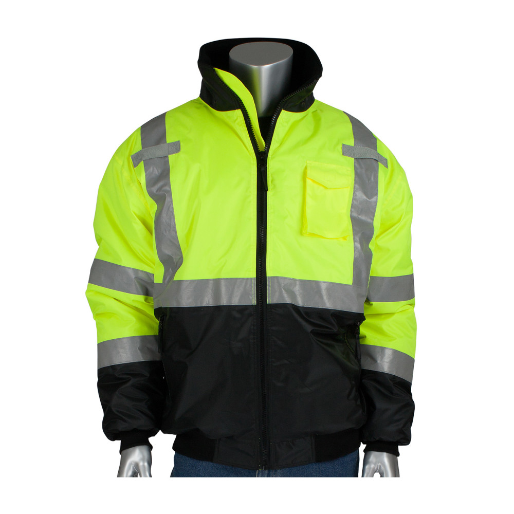 Protective Industrial Products ANSI R3 Black Bottom Bomber Jacket Hi Vis Lime Yellow Large - Flockneti