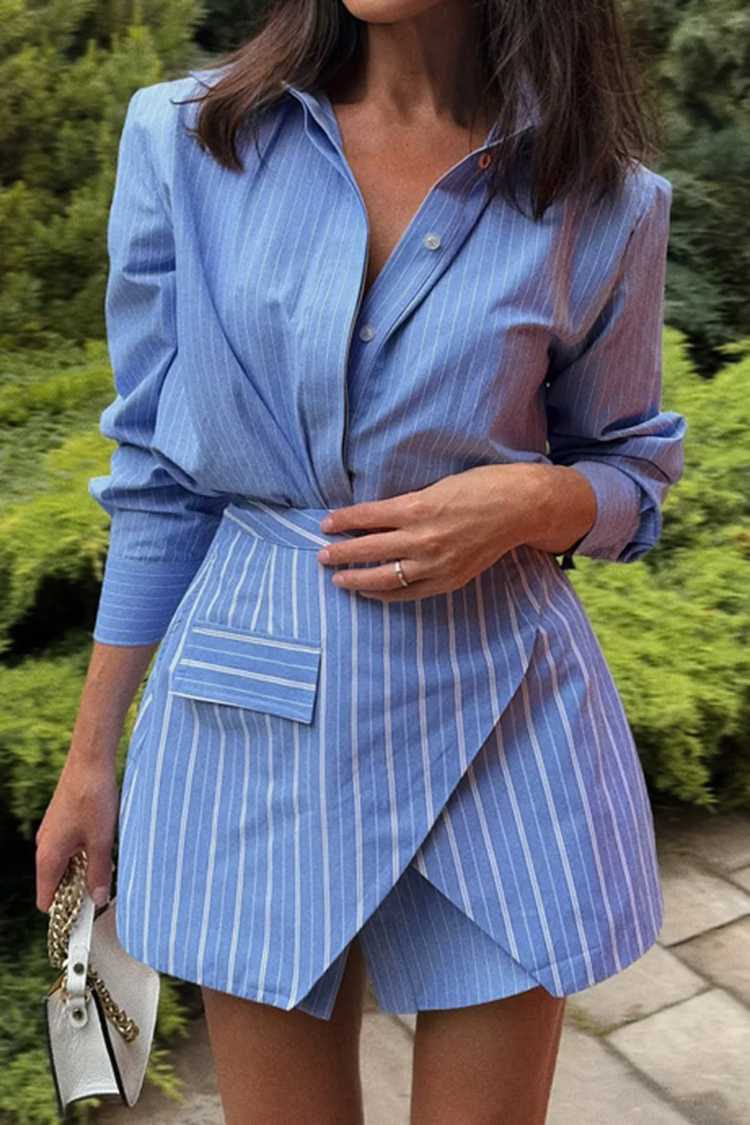 Stripes Print Button Long Sleeve Shirt And Tie-Up Skirt Set - Flockneti